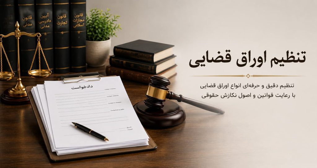 تنظیم اوراق قضایی شامل دادخواست، شکواییه، لایحه، اظهارنامه در کنار چکش قاضی، ترازوی عدالت و اسناد حقوقی