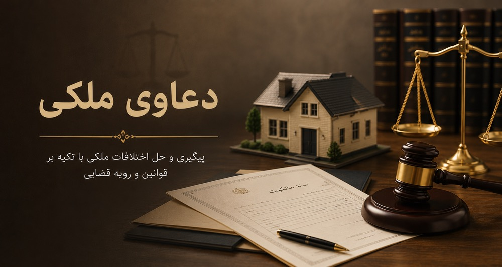 تصویر مفهومی دعوای ملکی با ماکت خانه، ترازوی عدالت، چکش قاضی و سند ملک