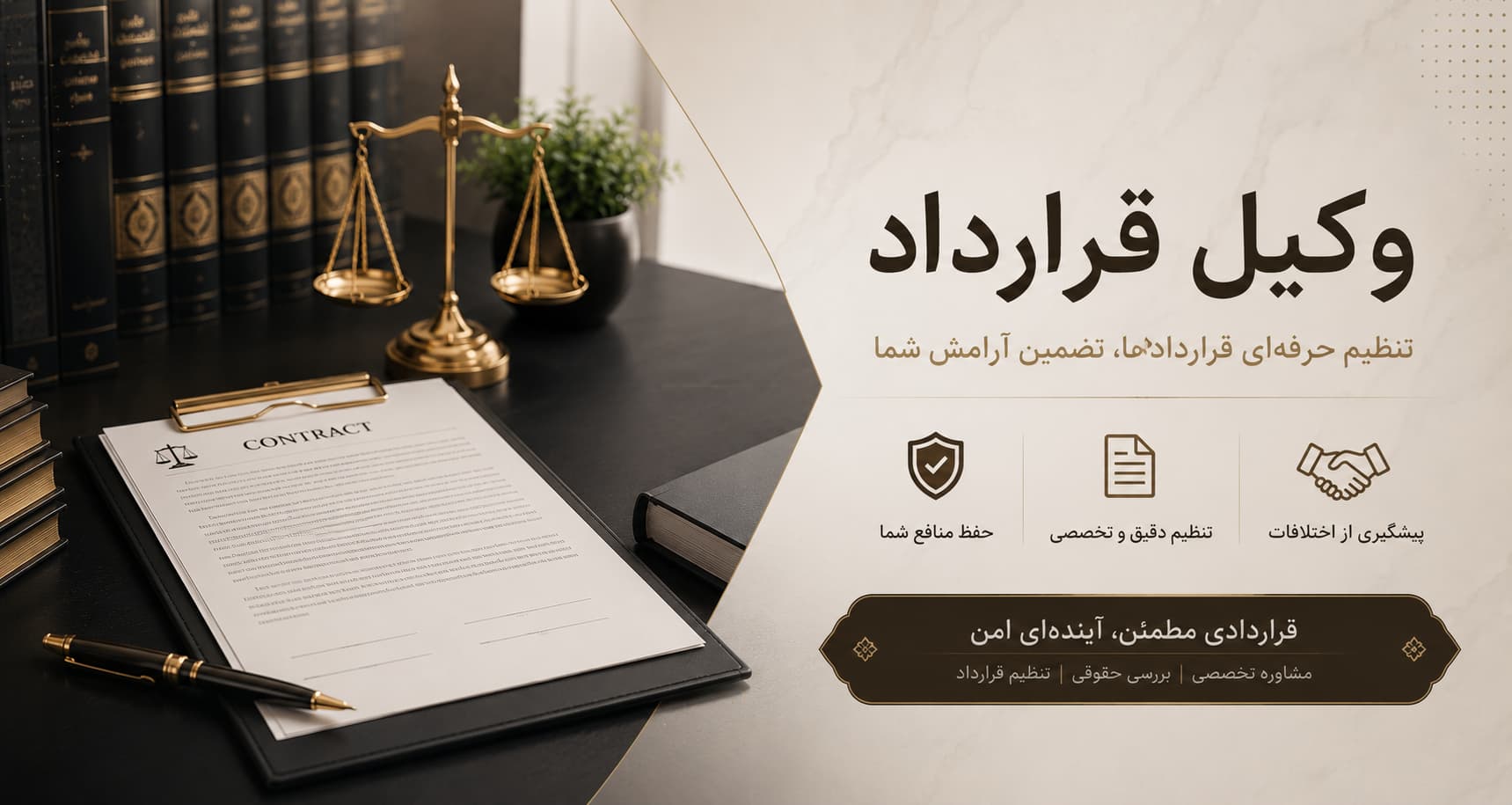 بنر وکیل قرارداد با اسناد حقوقی، قرارداد، چکش قاضی، ترازوی عدالت و کتاب‌های قانون برای خدمات تنظیم و بررسی قراردادهای حقوقی
